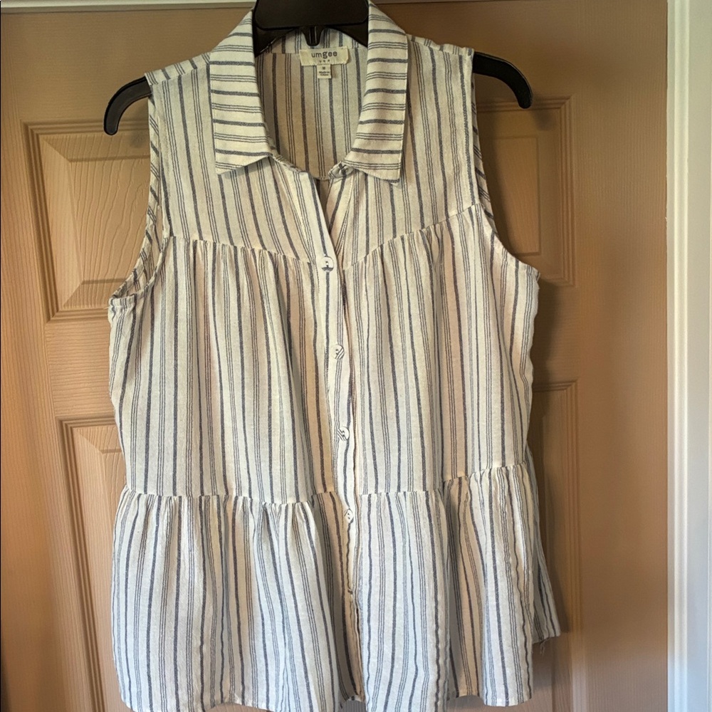 Umgee Sleeveless Striped Peplum Button-Up Top - White & Gray